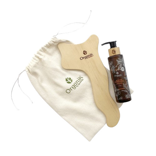 Kit corporal para masajes - Aceite corporal natural 110 ml y gua sha en madera (26,5 cms de largo)