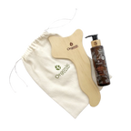 Kit corporal para masajes - Aceite corporal natural 110 ml y gua sha en madera (26,5 cms de largo)